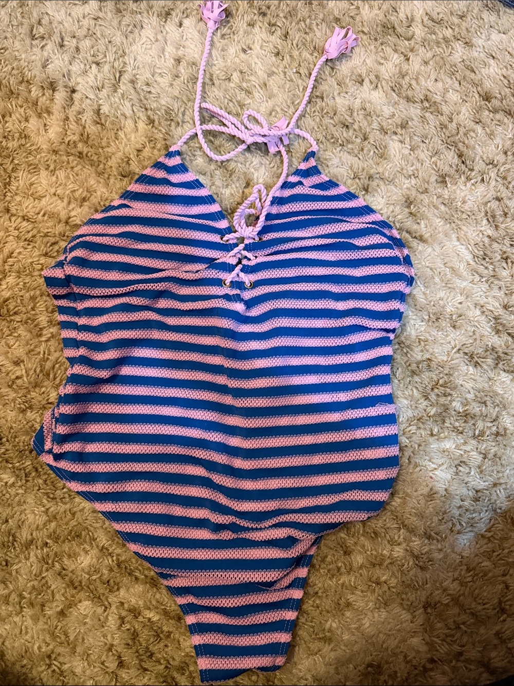 No Boundaries Pink and Blue Striped One-Piece Swimsuit